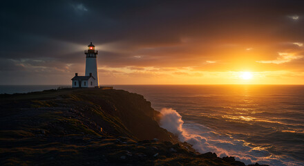 Lighthouse on a cliff at sunset, dramatic coastal landscape