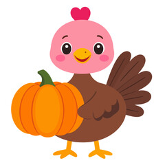 Friendly cartoon turkey with a pink head and heart-shaped comb holding a bright orange pumpkin.