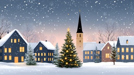 Fototapeta premium Snow falling on idyllic Christmas village with illuminated christmas tree and church
