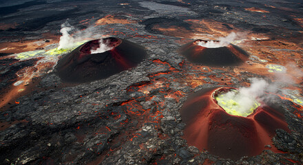 Volcanic crater lake with glowing lava, dramatic and powerful landscape