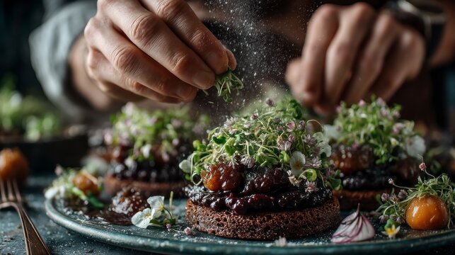 Close up of hands garnishing small round cakes with microgreens and edible flowers