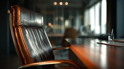 Close up of leather executive chair in an office setting with a conference table