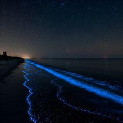 Dramatic black beach with glowing blue light on the horizon at night