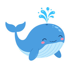 Adorable blue cartoon whale with a happy smile and rosy cheeks, spouting a fountain of water from its blowhole.