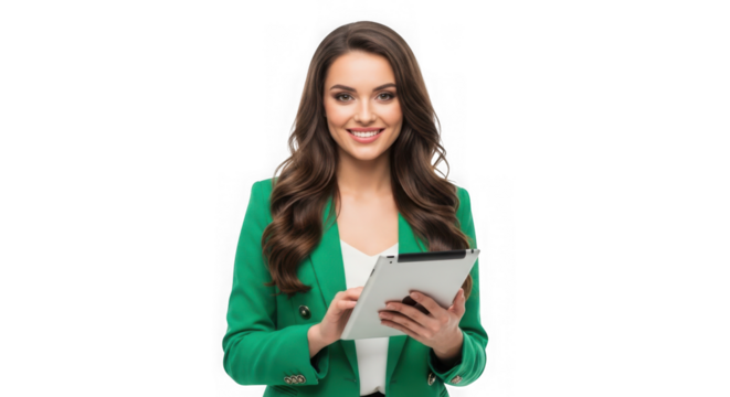 Smiling businesswoman in green jacket holding tablet isolated on transparent background