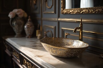 Luxury bathroom with a golden sink and marble countertop illuminated by sunlight. Perfect for interior design, real estate, or lifestyle related content.