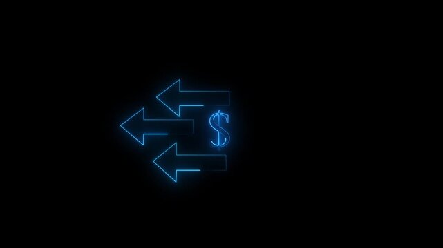 Abstract neon arrow dolar loading icon and uploading animation. Neon left arrow showing left the direction on background. 4k video black background