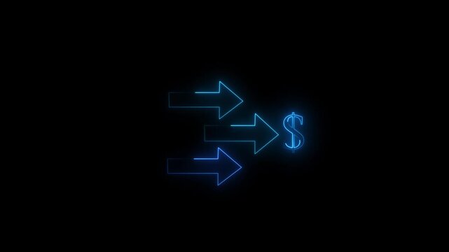 Abstract neon arrow dolar loading icon and uploading animation. Neon arrow showing right thedirection on background. 4k video black background