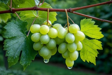 Fresh green grapes hanging from vine with water drops