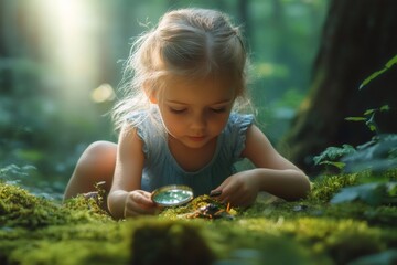 Curious little girl exploring nature with magnifying glass