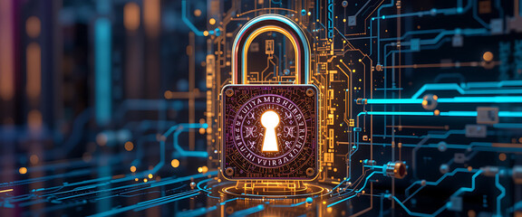 abstract block chain technology digital 3d cyber security system with golden glowing shiny metal lock on the middle dark purple golden silver lock with deep key hole shine shimmering micro glowing sys