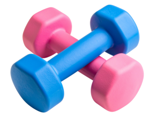 Colorful Neoprene Dumbbells Pair in Pink and Blue, Angled Side View, isolated on transparent background.