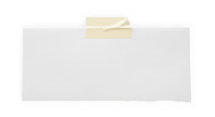 A single piece of white paper with torn edges held by a strip of beige tape isolated on transparent background
