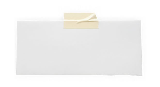 A single piece of white paper with torn edges held by a strip of beige tape isolated on transparent background