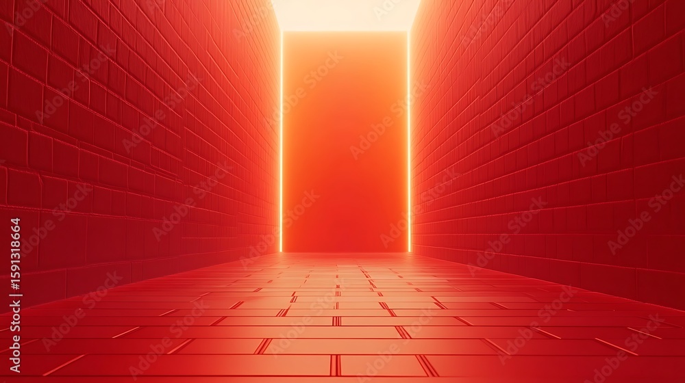 Poster Illuminated Red Corridor with Glowing Light Doorway Architecture Background