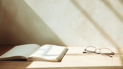 Open book and eyeglasses on a light wooden surface, illuminated by sunlight.