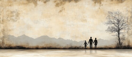 Silhouette of a family holding hands in front of mountains and a tree on a textured background