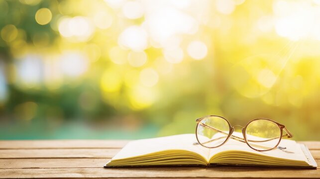 Open book with glasses resting on top, against a blurred background of greenery. - Powered by Adobe