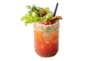 Ceasar brunch cocktail with salad garnish transparent PNG isolated background. Mixology, bar menu, colorful vibrant refreshing drink in glass jar
