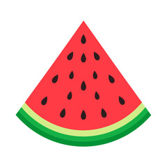 Flat design illustration of a juicy red watermelon wedge with black seeds and a striped green rind.