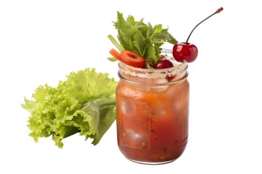 Ceasar brunch cocktail with salad garnish transparent PNG isolated background. Mixology, bar menu, colorful vibrant refreshing drink in glass jar