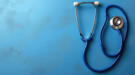 Blue stethoscope on a textured blue background. Medical tool for listening to body sounds