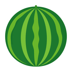 A vibrant, round watermelon illustration featuring a striped green rind with wavy patterns and a small stem.