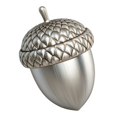 3D render of a metallic platinum oak acorn with sculptural detail on transparent background

