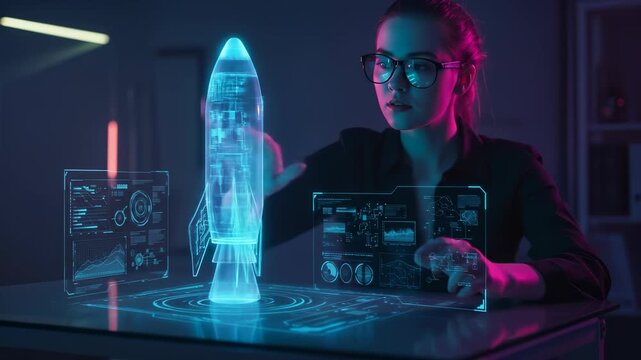 Woman in Glasses Interacting with Futuristic Rocket Hologram and Data Screens