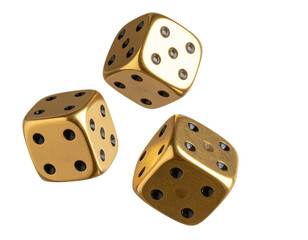 Three Shiny Gold Dice Tumbling in Air, Angled Top View, Dynamic Composition, Isolated PNG