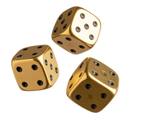  Three Shiny Gold Dice Tumbling in Air, Angled Top View, Dynamic Composition, Isolated PNG