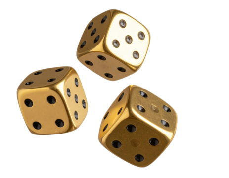  Three Shiny Gold Dice Tumbling in Air, Angled Top View, Dynamic Composition, Isolated PNG