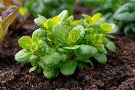 Fresh, green mache plants grow in the garden, leaves beaded with water drops. Great for illustrating healthy eating, farming, and organic gardening ideas.