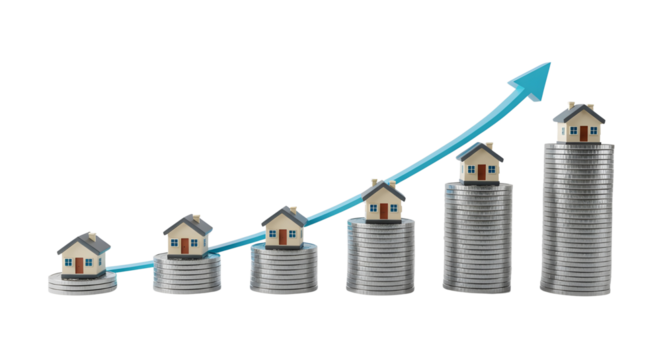 Residential Wealth Growth Home and Stacked Coins isolated on white background