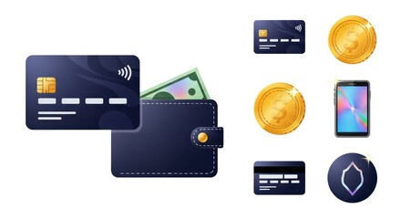 Illustration of a wallet, credit cards, coins, and a smartphone, representing financial transactions.