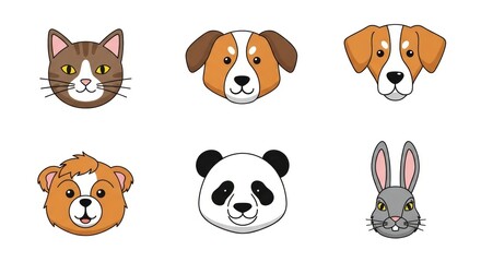 A set of six cute illustrated animal faces, featuring a cat, two dogs, a hamster, a panda, and a rabbit.