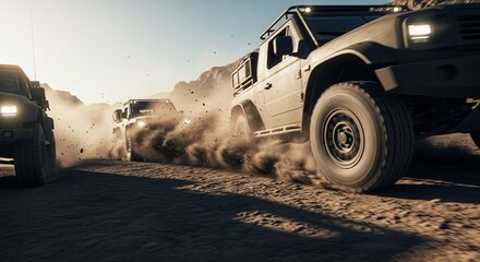 Three off-road vehicles driving on a dusty desert road, kicking up dirt and dust under a bright, sunny sky.