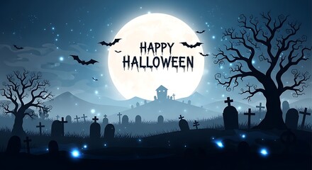 Spooky Halloween Night Scene with Gravestones and Bats Under the Moonlight Celebration Greetings