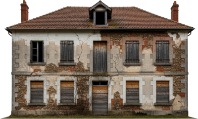 Dilapidated old house with boarded windows cracked walls and a red brick chimney transparent background
