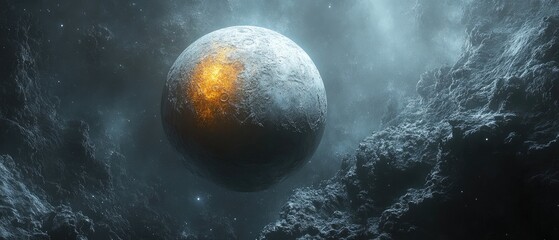 Fototapeta premium Moon-like orb glowing with light, amid dark, rocky landscape in a foggy atmospheric view