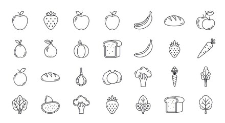 Collection of simple line-drawn food icons: fruits, vegetables, and bread.