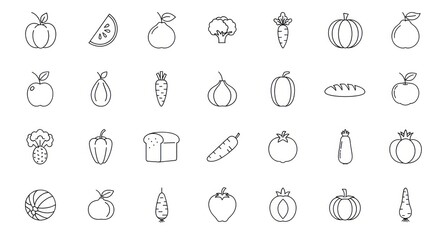 Collection of various fruits and vegetables, presented as simple, outlined illustrations.