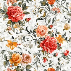 Elegant Floral Pattern Design with Vibrant Roses and Leaves