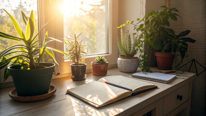 Fototapeta premium Bright Sunny Cozy Workspace with Plants and Notebook