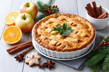 Delicious homemade apple pie resting on white wooden table for christmas