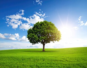 Lush green field with a solitary tree under a vibrant blue sky