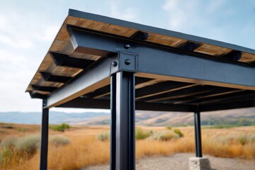 Fototapeta premium Sturdy metal frame supporting roof of outdoor shelter in vast landscape
