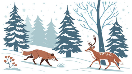 Charming Winter Forest Scene:  Stylized Fox and Deer in Snowy Landscape, Flat Design, Festive and Whimsical Illustration, Perfect for Holiday Cards or Winter-Themed Projects.