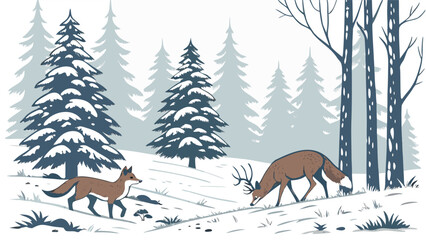 Serene winter forest scene: stylized illustration of a fox and deer in a snow-covered pine forest, minimalist design, peaceful and tranquil mood, perfect for holiday or nature themes.