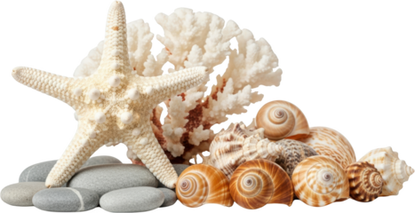 Starfish seashells pebbles and coral arranged in a natural composition transparent background